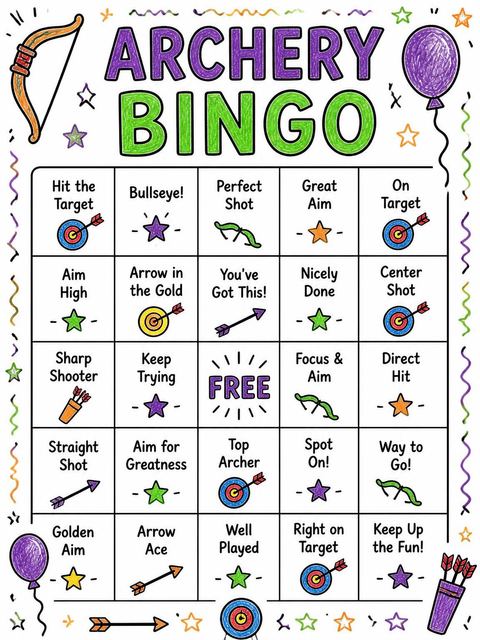 Bingo grid in the Crayon Sketch Archery 5th Birthday design
