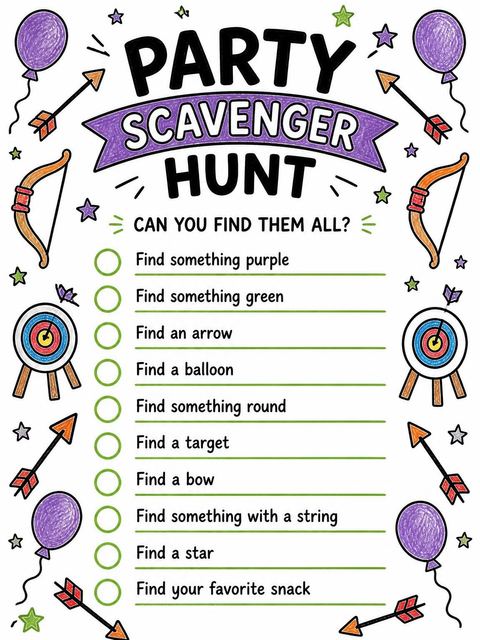 Scavenger hunt in the Crayon Sketch Archery 5th Birthday design