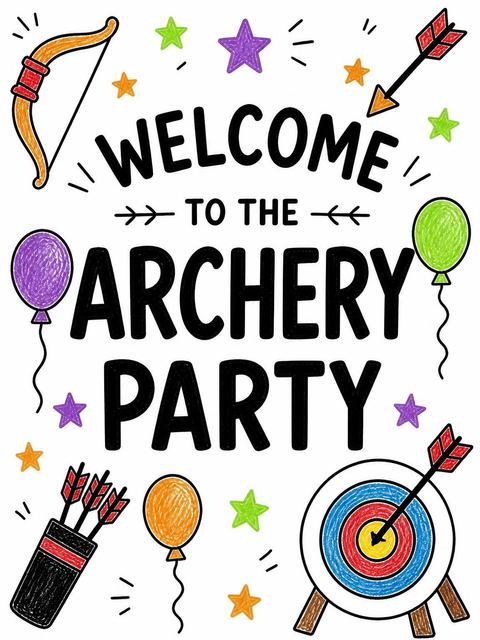 Welcome sign in the Crayon Sketch Archery 5th Birthday design