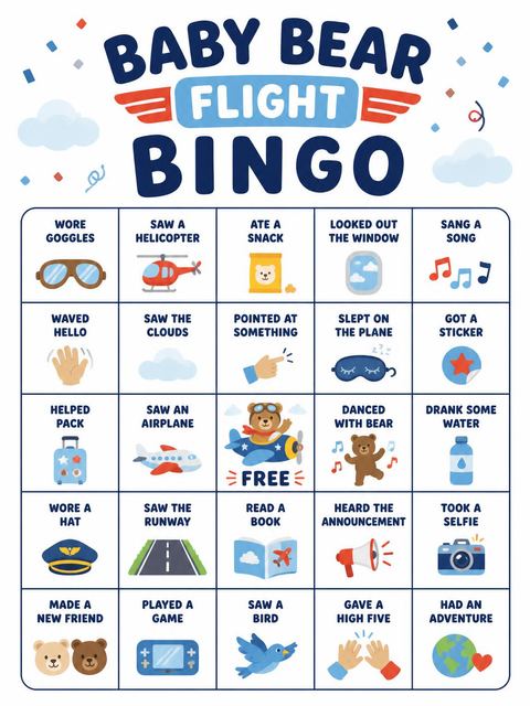 Bingo grid in the Aviator Bear First Birthday design