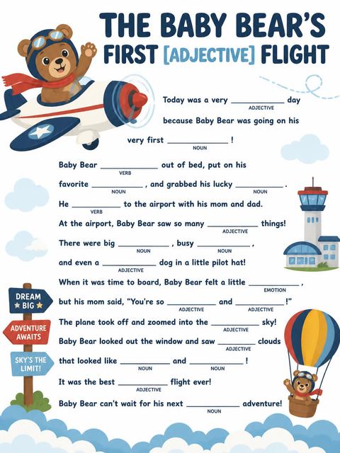 Mad libs in the Aviator Bear First Birthday design