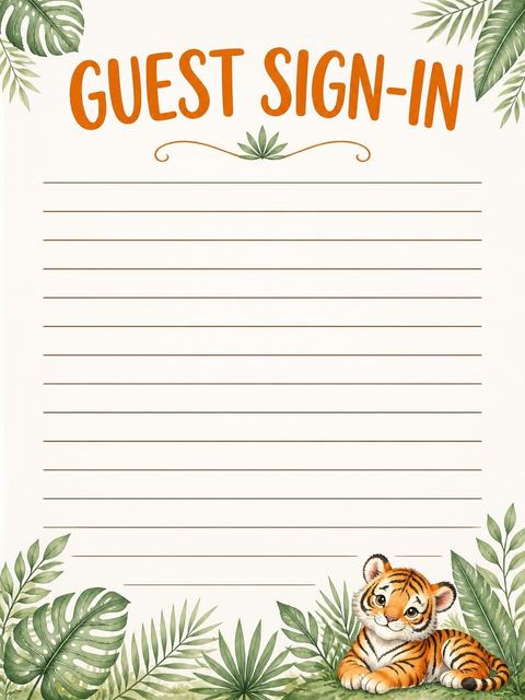 Guest sign-in sheet in the Watercolor Tiger Jungle 3rd Birthday design