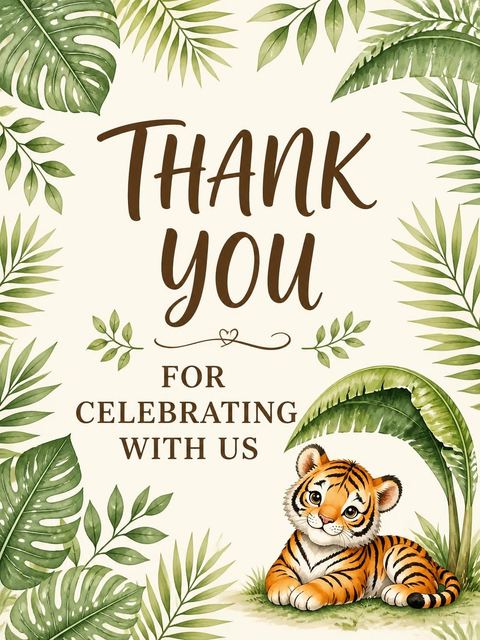 Thank-you flat in the Watercolor Tiger Jungle 3rd Birthday design