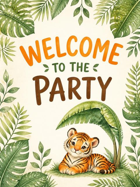 Welcome sign in the Watercolor Tiger Jungle 3rd Birthday design