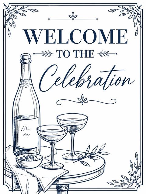Welcome sign in the Navy Ink Champagne 40th Birthday Illustration design