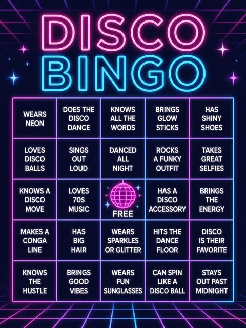 Bingo grid in the Neon Disco Ball Birthday design