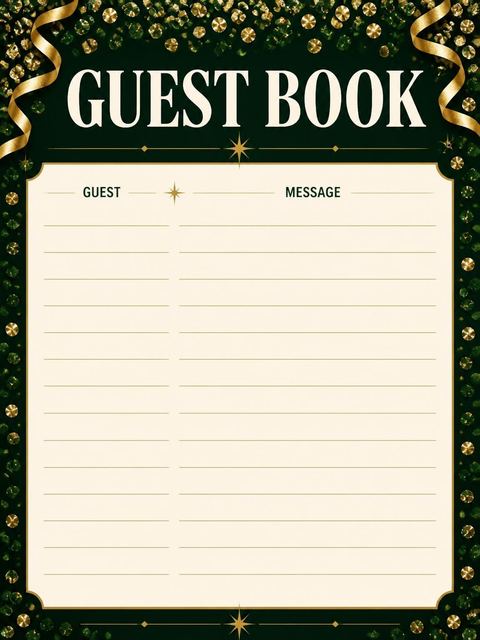 Guest sign-in sheet in the Emerald and Gold Confetti Birthday design