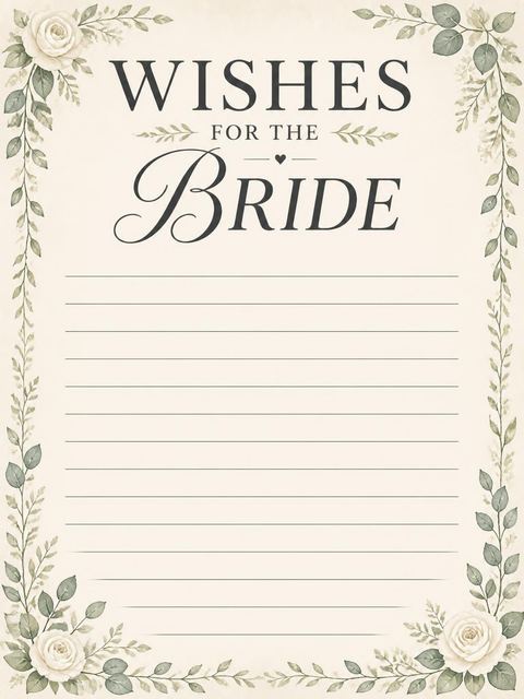 Wishes page in the Watercolor Bride Lace Gown Shower design