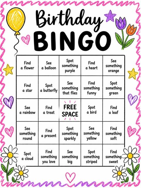 Bingo grid in the Crayon Floral Balloon 4th Birthday Invitation design