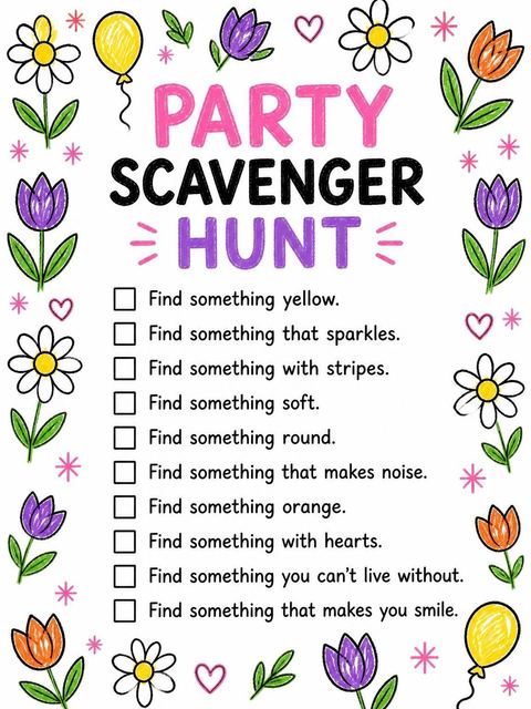 Scavenger hunt in the Crayon Floral Balloon 4th Birthday Invitation design