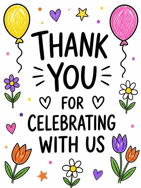 Thank-you flat in the Crayon Floral Balloon 4th Birthday Invitation design