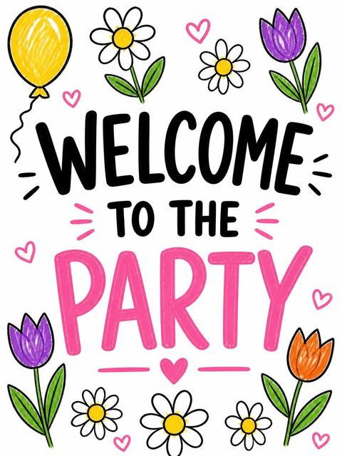 Welcome sign in the Crayon Floral Balloon 4th Birthday Invitation design
