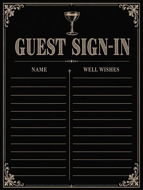 Guest sign-in sheet in the Black Gold Coupe 50th Birthday design