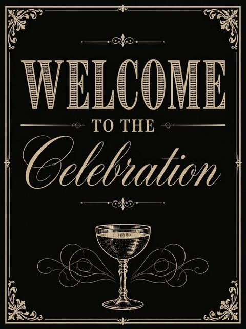 Welcome sign in the Black Gold Coupe 50th Birthday design