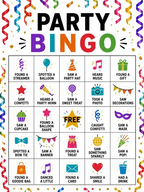Bingo grid in the Rainbow Streamer Confetti 65th Birthday Invitation design