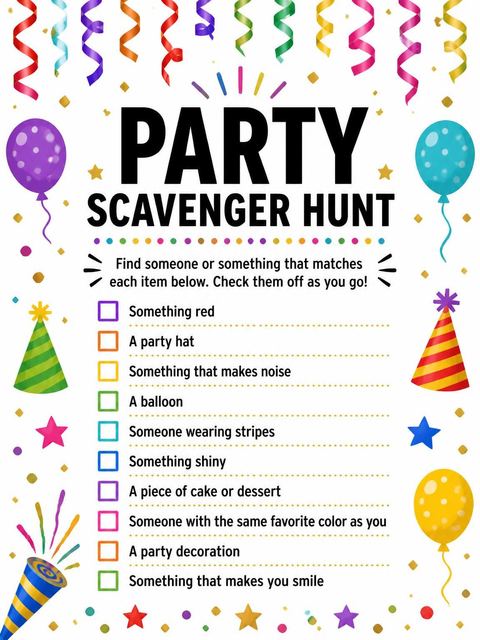 Scavenger hunt in the Rainbow Streamer Confetti 65th Birthday Invitation design