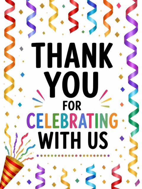 Thank-you flat in the Rainbow Streamer Confetti 65th Birthday Invitation design