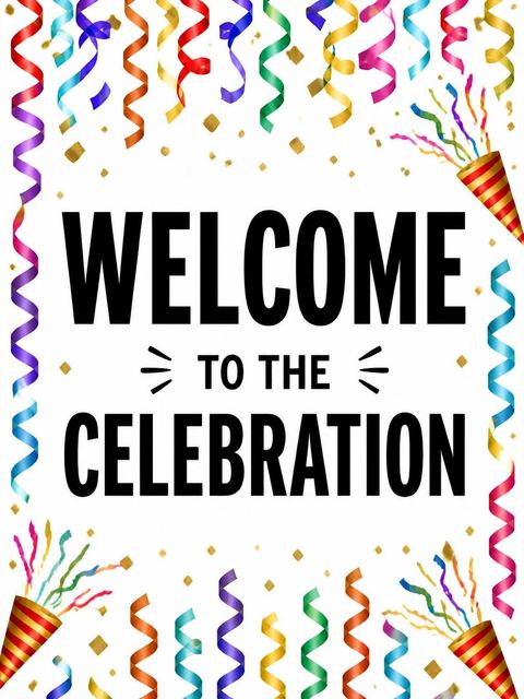 Welcome sign in the Rainbow Streamer Confetti 65th Birthday Invitation design