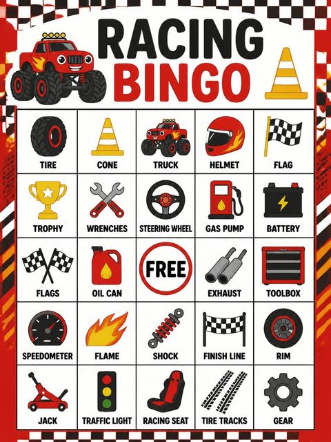 Bingo grid in the Red Monster Truck 6th Birthday Invitation design