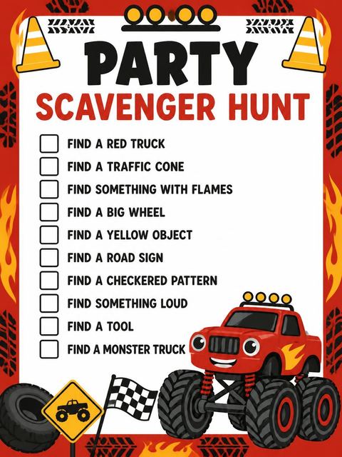 Scavenger hunt in the Red Monster Truck 6th Birthday Invitation design