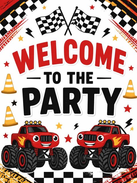 Welcome sign in the Red Monster Truck 6th Birthday Invitation design