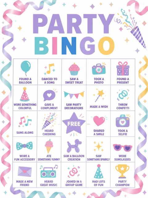 Bingo grid in the Pastel Streamer 4th Birthday Invite design