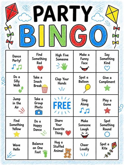 Bingo grid in the Crayon Kite Illustration 9th Birthday Invitation design