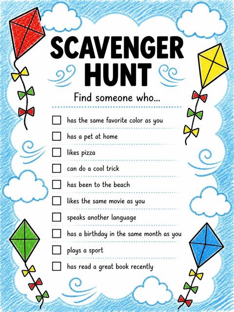 Scavenger hunt in the Crayon Kite Illustration 9th Birthday Invitation design