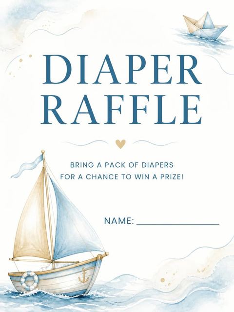 Diaper raffle ticket in the Watercolor Sailboat Nautical Baby Shower design