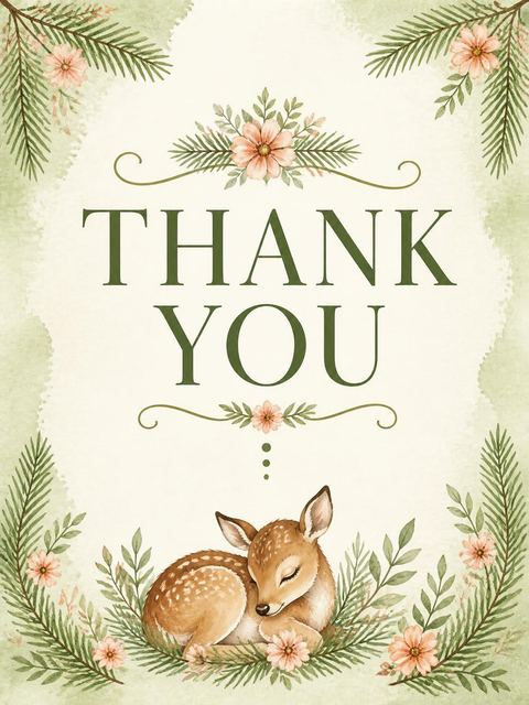 Thank-you flat in the Watercolor Deer Forest 3rd Birthday Invitation design
