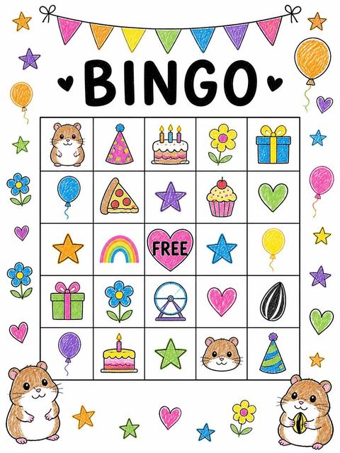 Bingo grid in the Crayon Hamster Motif 6th Birthday Invitation design