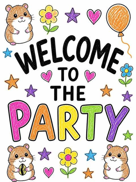 Welcome sign in the Crayon Hamster Motif 6th Birthday Invitation design