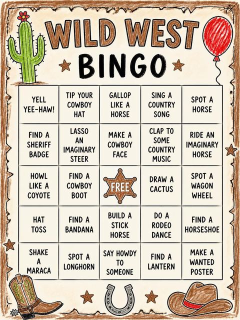 Bingo grid in the Crayon Illustration Western 10th Birthday design