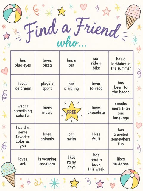 Bingo grid in the Ice Cream Beach Ball 3rd Birthday design