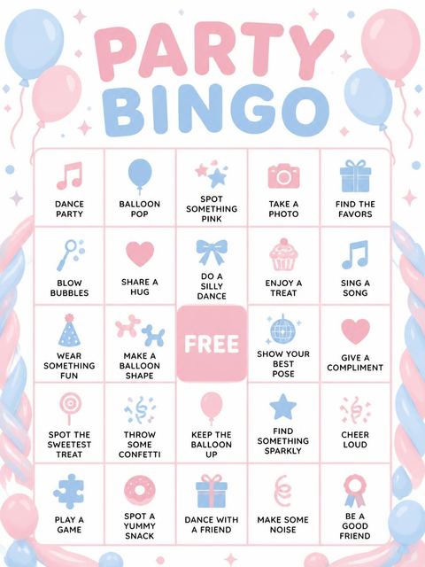 Bingo grid in the Pink Blue Balloon Number 2nd Birthday design
