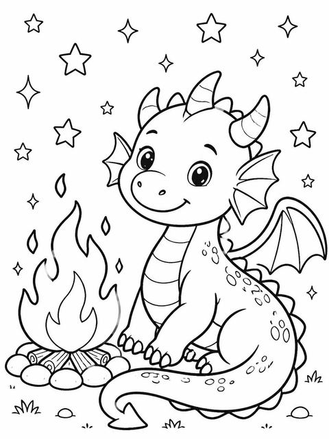 Coloring sheet in the Watercolor Dragon Campfire 5th Birthday design