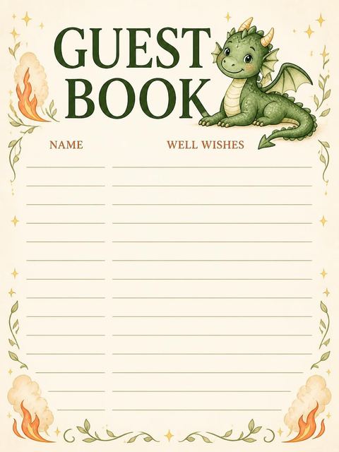 Guest sign-in sheet in the Watercolor Dragon Campfire 5th Birthday design