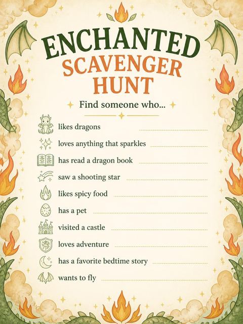 Scavenger hunt in the Watercolor Dragon Campfire 5th Birthday design