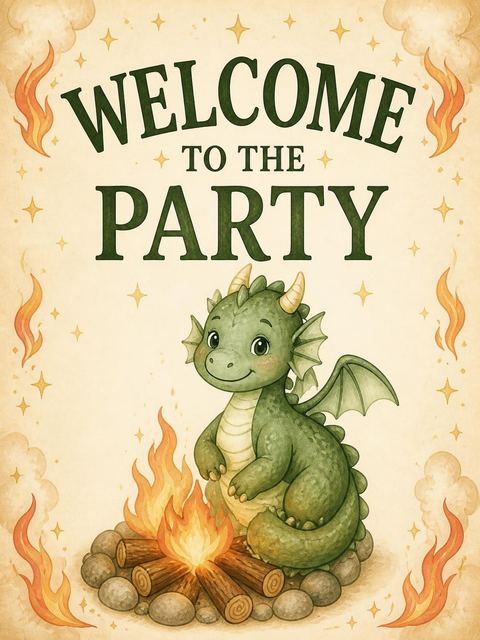 Welcome sign in the Watercolor Dragon Campfire 5th Birthday design