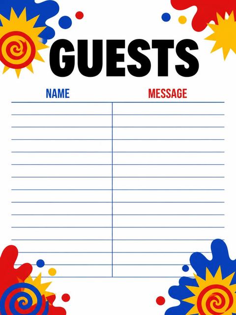 Guest sign-in sheet in the Primary Paint Splatter Birthday Bash design