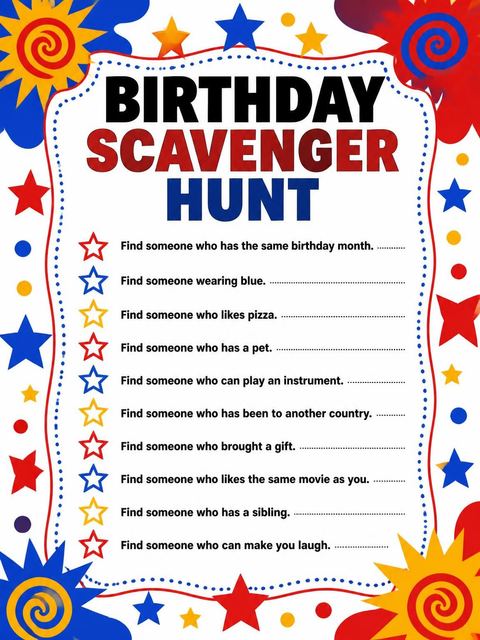 Scavenger hunt in the Primary Paint Splatter Birthday Bash design