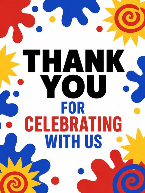 Thank-you flat in the Primary Paint Splatter Birthday Bash design