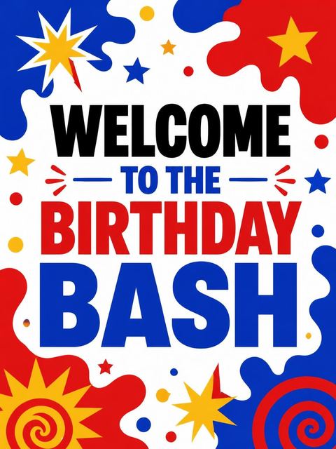 Welcome sign in the Primary Paint Splatter Birthday Bash design