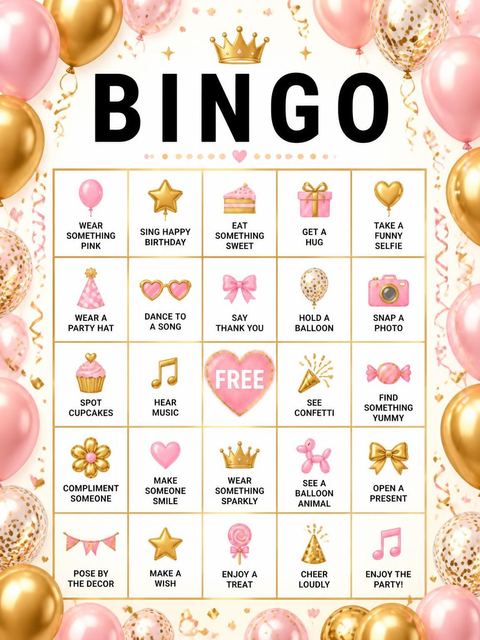 Bingo grid in the Gold Rose Balloon 13th Birthday design