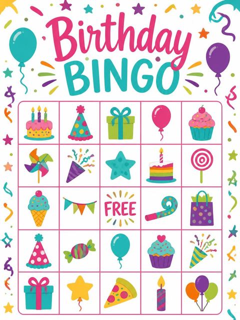 Bingo grid in the Colorful Balloon 4th Birthday Invitation design