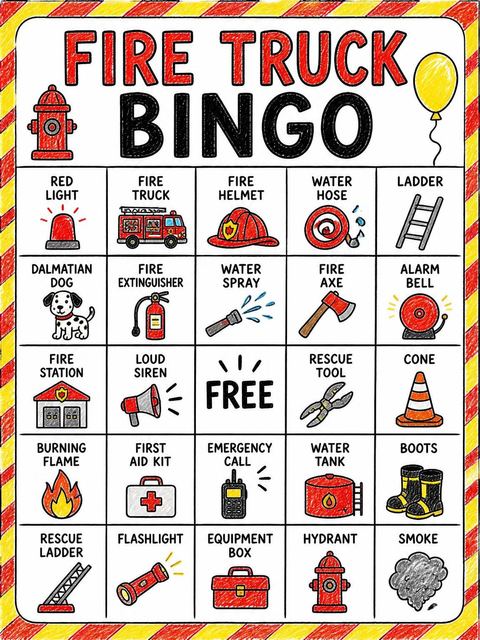Bingo grid in the Crayon Fire Truck 1st Birthday design