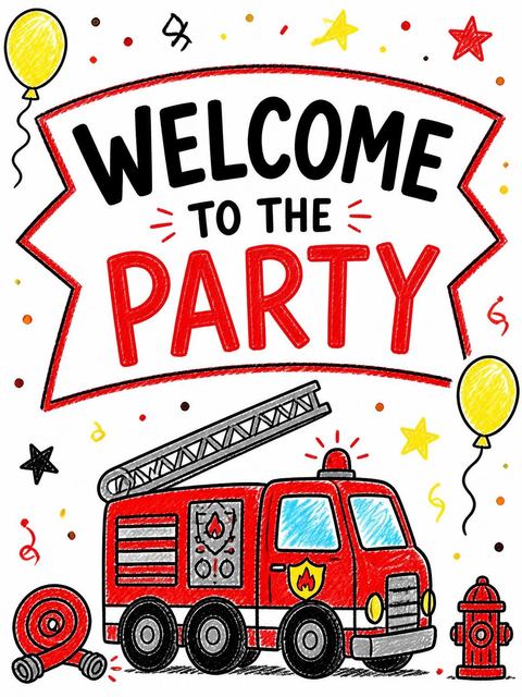 Welcome sign in the Crayon Fire Truck 1st Birthday design