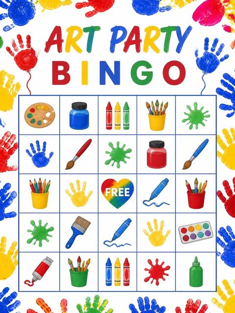 Bingo grid in the Primary Color Handprint Art 3rd Birthday design