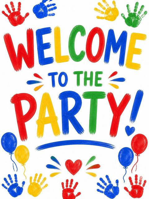 Welcome sign in the Primary Color Handprint Art 3rd Birthday design
