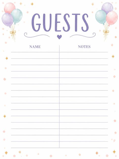 Guest sign-in sheet in the Pastel Balloon Watercolor 2nd Birthday design